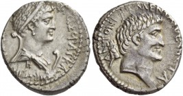 Cleopatra with Marcus Antonius. Denarius, mint moving with M. Antony 32, AR 3.81 g. CLEOPATRAE ·REGI[NAE·REGVM·FILIORVM·REGVM] Draped and diademed bus...