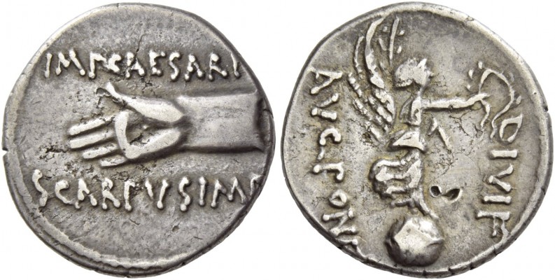 C. Caesar Octavianus with M. Pinarius Scarpus. Denarius, Cyrenaica 31, AR 3.67 g...