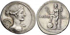 Octavian, 32 – 27 BC. Denarius, Brundisium and Roma (?) 32-29 BC, AR 3.75 g. Diademed bust of Victory r. Rev. CAESAR – DIVI F Neptune, naked but cloak...