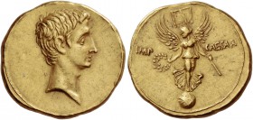 Octavian, 32 – 27 BC. Aureus, Brundisium and Roma (?) 29-27 BC, AV 8.09 g. Bare head r. Rev. IMP – CAESAR Victory standing facing on globe, head l. an...
