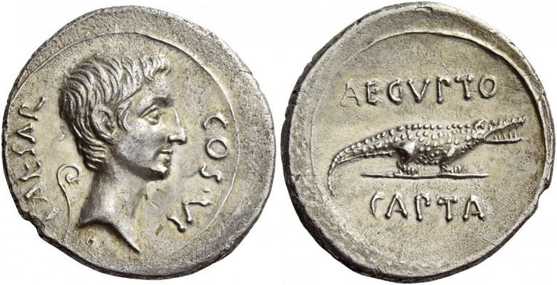 Octavian, 32 – 27 BC. Denarius, Brundisium and Roma (?) circa 29-27, AR 3.72 g. ...
