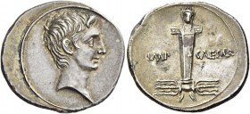 Octavian, 32 – 27 BC. Denarius, Brundisium and Roma (?) 29-27 BC, AR 3.67 g. Bare head r. Rev. IMP – CAESAR Laureate terminal figure set facing on win...