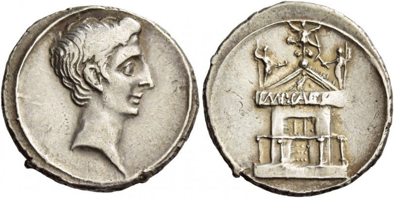 Octavian, 32 – 27 BC. Denarius, Brundisium and Roma (?) circa 29-27 BC, AR 3.87 ...