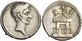 Octavian, 32 – 27 BC. Denarius, Brundisium and Roma (?) circa 29-27 BC, AR 3.87 g. Bare head r. Rev. IMP CAES[AR] on architrave of temple with colonna...