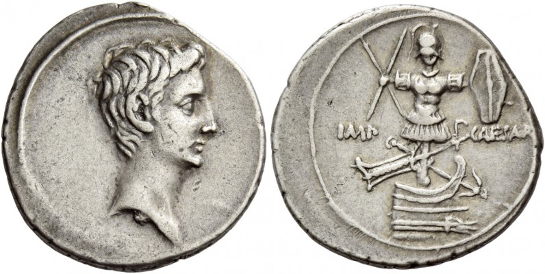Octavian, 32 – 27 BC. Denarius, Brundisium and Roma (?) 29-27 BC, AR 3.58 g. Bar...