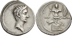 Octavian, 32 – 27 BC. Denarius, Brundisium and Roma (?) 29-27 BC, AR 3.58 g. Bare head r. Rev. IMP – CAESAR Trophy set on prow; at base, prow and anch...