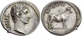 Octavian as Augustus, 27 BC – 14 AD. Denarius, Samos circa 21-20 BC, AR 2.94 g. CAESAR Bare head r. Rev. AVGVSTVS Bull standing r. C 28. BMC 663. RIC ...