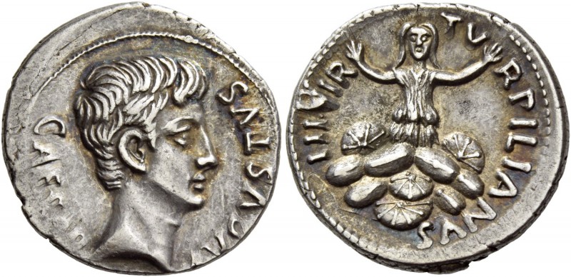 Octavian as Augustus, 27 BC – 14 AD. P. Petronius Turpilianus. Denarius circa 19...