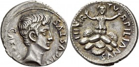 Octavian as Augustus, 27 BC – 14 AD. P. Petronius Turpilianus. Denarius circa 19 BC, AR 3.82 g. CAESAR – AVGVSTVS Bare head r. Rev. TVRPILIANVS – III·...