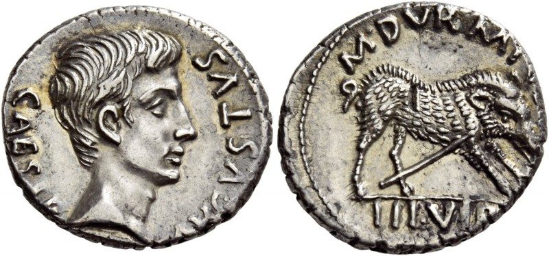 Octavian as Augustus, 27 BC – 14 AD. M. Durmius. Denarius circa 19 BC, AR 3.95 g...