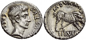 Octavian as Augustus, 27 BC – 14 AD. M. Durmius. Denarius circa 19 BC, AR 3.95 g. CAESAR – AVGVSTVS Bare head r. Rev. M DVRMIV[S] Boar standing r., wo...