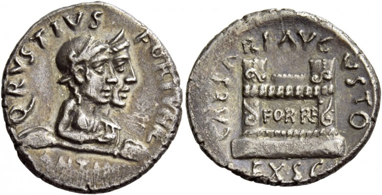 Octavian as Augustus, 27 BC – 14 AD. Q. Rustius. Denarius circa 19 BC, AR 3.73 g...