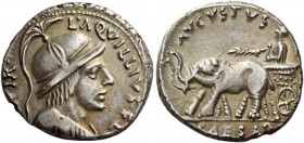 Octavian as Augustus, 27 BC – 14 AD. L. Aquillius Florus. Denarius circa 19 BC, AR 3.91 g. L·AQVILLIVS·FLO[RVS – III V]IR Draped bust of Virtus r. wea...