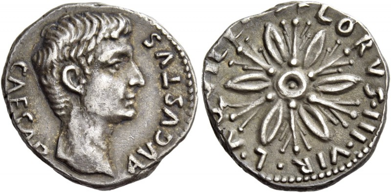 Octavian as Augustus, 27 BC – 14 AD. L. Aquillius Florus. Denarius 19 BC, AR 3.5...