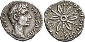 Octavian as Augustus, 27 BC – 14 AD. L. Aquillius Florus. Denarius 19 BC, AR 3.58 g. CAESAR – AVGVSTVS Bare head r. Rev. L AQVILLIVS FLORVS III VIR Op...