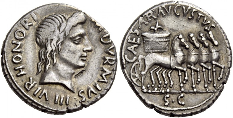Octavian as Augustus, 27 BC – 14 AD. M. Durmius. Denarius circa 19 BC, AR 4.05 g...