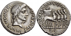 Octavian as Augustus, 27 BC – 14 AD. M. Durmius. Denarius circa 19 BC, AR 4.05 g. M DVRMIVS III VIR HONORI Head of Honos r. Rev. CAESAR AVGVSTVS Slow ...