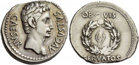 Octavian as Augustus, 27 BC – 14 AD. Denarius, Colonia Patricia (?) circa 19 BC, AR 3.80 g. CAESAR – AVGVSTVS Bare head r. Rev. Oak wreath with two ti...