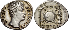 Octavian as Augustus, 27 BC – 14 AD. Denarius, Colonia Patricia (?) circa 19 BC, AR 3.89 g. CAESAR – AVGVSTVS Bare head r. Rev. SIGNIS / RECEPTIS Aqui...
