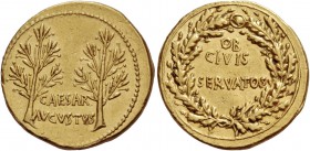 Octavian as Augustus, 27 BC – 14 AD. Aureus, Caesaraugusta (?) circa 19-18 BC, AV 7.89 g. CAESAR / AVGVSTVS Two laurel branches. Rev. OB / CIVIS / SER...