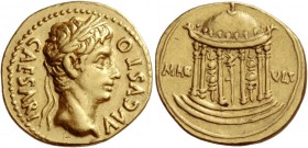 Octavian as Augustus, 27 BC – 14 AD. Aureus, Colonia Patricia (?) circa 18 BC, AV 7.83 g. CAESARI – AVGVSTO Laureate head r. Rev. MAR – VLT Hexastyle ...