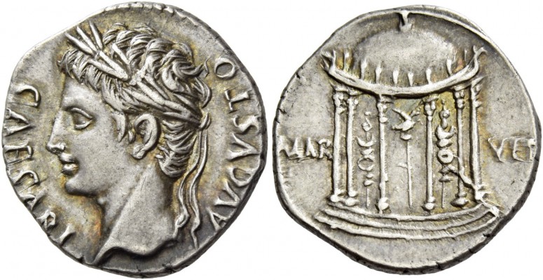 Octavian as Augustus, 27 BC – 14 AD. Denarius, Colonia Patricia (?) circa 18 BC,...