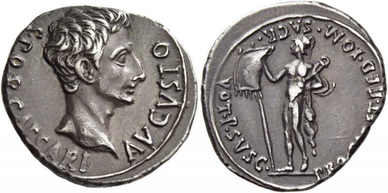Octavian as Augustus, 27 BC – 14 AD. Denarius, Colonia Patricia circa 18-17/16 B...