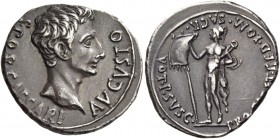 Octavian as Augustus, 27 BC – 14 AD. Denarius, Colonia Patricia circa 18-17/16 BC, AR 3.74 g. S P Q R CAESARI -AVGVSTO Bare head r. Rev. VOT P SVSC PR...