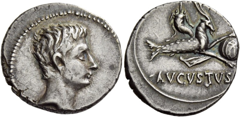 Octavian as Augustus, 27 BC – 14 AD. Denarius, Colonia Patricia (?) circa 18-17/...