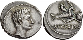 Octavian as Augustus, 27 BC – 14 AD. Denarius, Colonia Patricia (?) circa 18-17/16, AR 3.77 g. Bare head r. Rev. AVGVSTVS Capricorn r., holding globe ...
