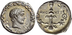 Octavian as Augustus, 27 BC – 14 AD. Denarius, uncertain mint circa 17 BC, AR 3.68 g. CAESAR Bare youthful head r.; all within oak wreath. Rev. AVG – ...