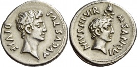 Octavian as Augustus, 27 BC – 14 AD. M. Sanquinius. Denarius circa 17 BC, AR 3.94 g. AVGVSTVS – DIVI F Bare head of Augustus r. Rev. M SANQVI – NIVS I...