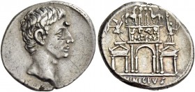 Octavian as Augustus, 27 BC – 14 AD. L. Vinicius. Denarius circa 16 BC, AR 3.99 g. Bare head r. Rev. Augustus in quadriga on triumphal arch, the pedes...