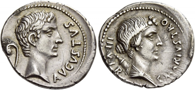 Octavian as Augustus, 27 BC – 14 AD. L. Marius C.f. Tromentina. Denarius 13 BC, ...