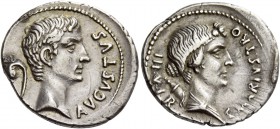 Octavian as Augustus, 27 BC – 14 AD. L. Marius C.f. Tromentina. Denarius 13 BC, AR 3.62 g. AVGVSTVS Bare head of Augustus r.; behind, lituus. Rev. C M...