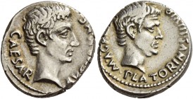 Octavian as Augustus, 27 BC – 14 AD. C. Sulpicius Plaetorinus. Denarius 13 BC, AR 3.87 g. CAESAR – AVGVSTVS Bare head of Augustus r. Rev. M AGR[IPPA] ...