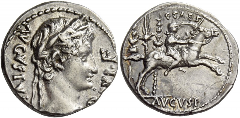 Octavian as Augustus, 27 BC – 14 AD. Denarius, Lugdunum circa 8 BC, AR 3.83 g. A...