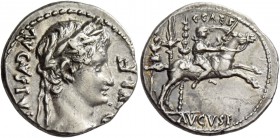 Octavian as Augustus, 27 BC – 14 AD. Denarius, Lugdunum circa 8 BC, AR 3.83 g. AVGVSTV[S] – DIVI·F Laureate head of Augustus r. Rev. C·CAES Caius Caes...