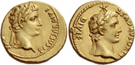 Tiberius, 14 – 37 AD. Aureus, Lugdunum 14-16, AV 7.78 g. TI CAESAR DIVI – [AVG F AVGVS]TVS Laureate head of Tiberius r. Rev. DIVOS AVGVST – DIVI F Lau...