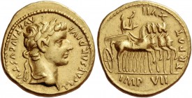 Tiberius, 14 – 37 AD. Aureus 15-16, AV 7.64 g. TI CAESAR DIVI – AVG F AVGVSTVS Laureate head r. Rev. TR POT – XVII Tiberius standing in slow quadriga ...