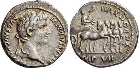 Tiberius, 14 – 37 AD. Denarius, Lugdunum 15-16, AR 3.74 g. TI CAESAR DIVI – AVG F AVGVSTVS Laureate head r. Rev. TR POT XVII Tiberius in triumphal qua...