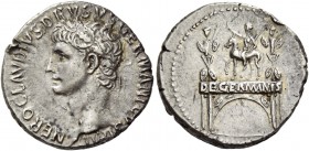 Tiberius, 14 – 37 AD, In the name of Nero Claudius Drusus, father of Claudius. Denarius circa 41-45, AR 3.81 g. NERO CLAVDIVS DRVSVS GERMANICVS IMP La...
