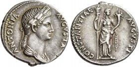 Tiberius, 14 – 37 AD, In the name of Antonia, wife of Nero Claudius Drusus and mother of Claudius. Denarius 41-45, AR 3.85 g. ANTONIA – AVGVSTA Draped...