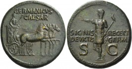 Tiberius, 14 – 37 AD, In the name of Germanicus, father of Gaius. Dupondius 37-41, Æ 15.41 g. GERMANICVS / CAESAR Germanicus, bare-headed and cloaked,...
