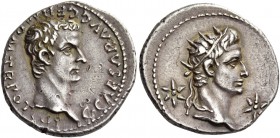 Gaius, 37-41. Denarius, Lugdunum 37-38, AR 3.75 g. C CAESAR AVG GERM P M TR POT COS Bare head of Gaius r. Rev. Radiate head of Augustus or Tiberius r....