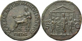 Gaius, 37-41. Sestertius 37-38, Æ 28.68 g. C·CAESAR·AVG·GERMANICVS P·M·TR·POT Pietas, veiled and draped, seated l., holding patera and resting l. arm ...