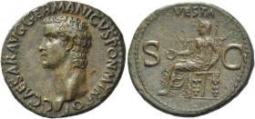 Gaius, 37-41. As 37-38, Æ 10.48 g. C CAESAR AVG GERMANICVS PON M TR POT Bare head l. Rev. VESTA / S – C Vesta, diademed and veiled, seated l. on ornam...