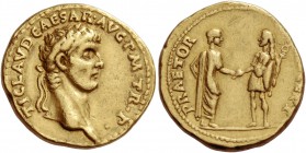 Claudius, 41 – 54. Aureus 41-42, 7.69 g. TI CLAVD CAESAR AVG P M TR P Laureate head r. Rev. PRAETOR – [RE]CEPT Claudius, bare-headed and togate, stand...