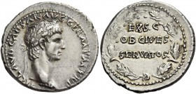 Claudius, 41 – 54. Denarius circa 41-42, AR 3.73 g. TI CLAVD CAESAR AVG GERM P M TR P Laureate head r. Rev. EX S C / OB CIVES / SERVATOS within wreath...