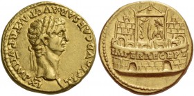 Claudius, 41 – 54. Aureus 46-47, AV 7.75 g. TI CLAVD CAESAR AVG P M TR P VII IMP XI Laureate head r. Rev. IMPER RECEPT inscribed on praetorian camp, a...